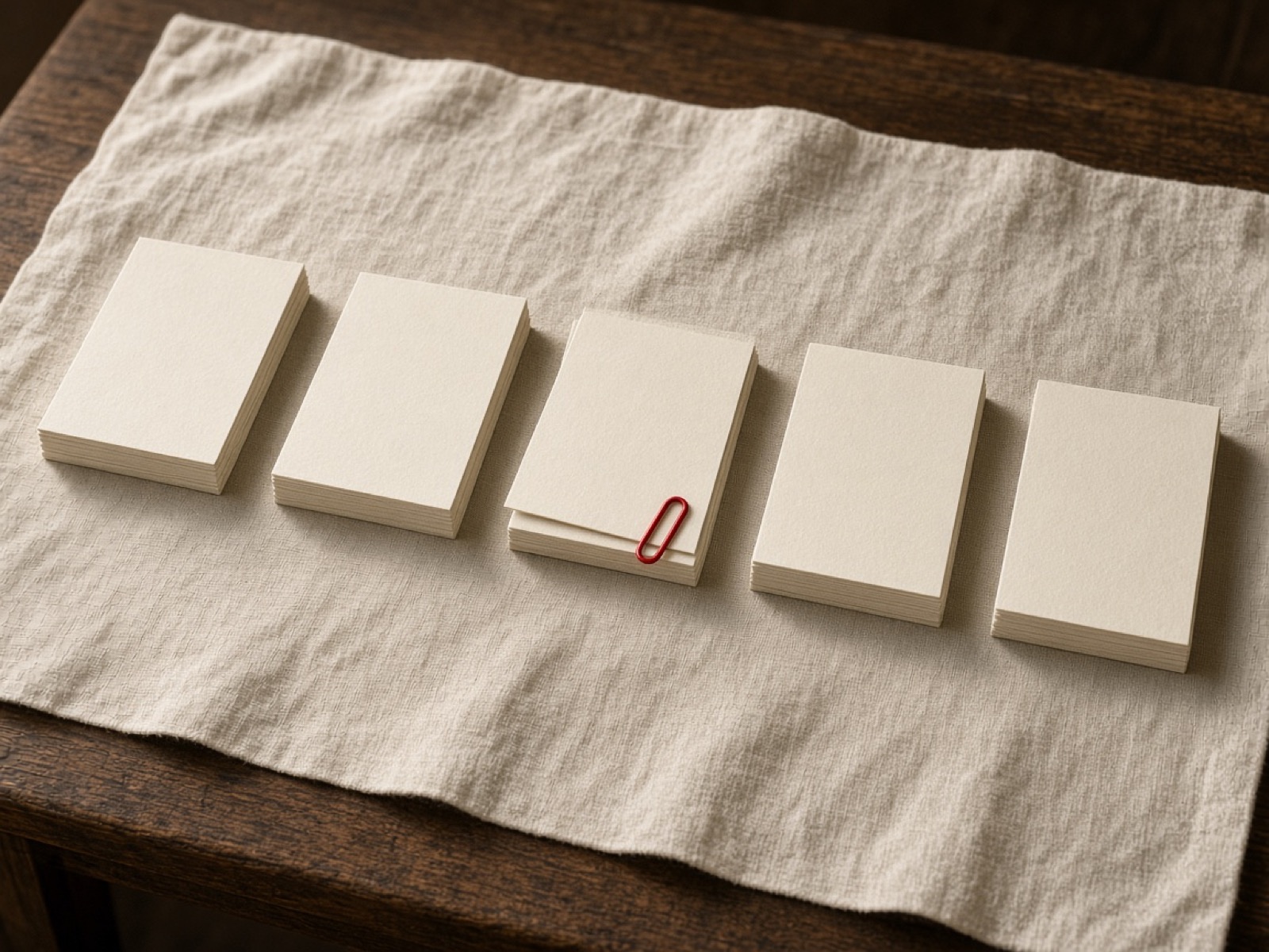 Five neat stacks of blank cards, as if each pile were a stage of a job search.
