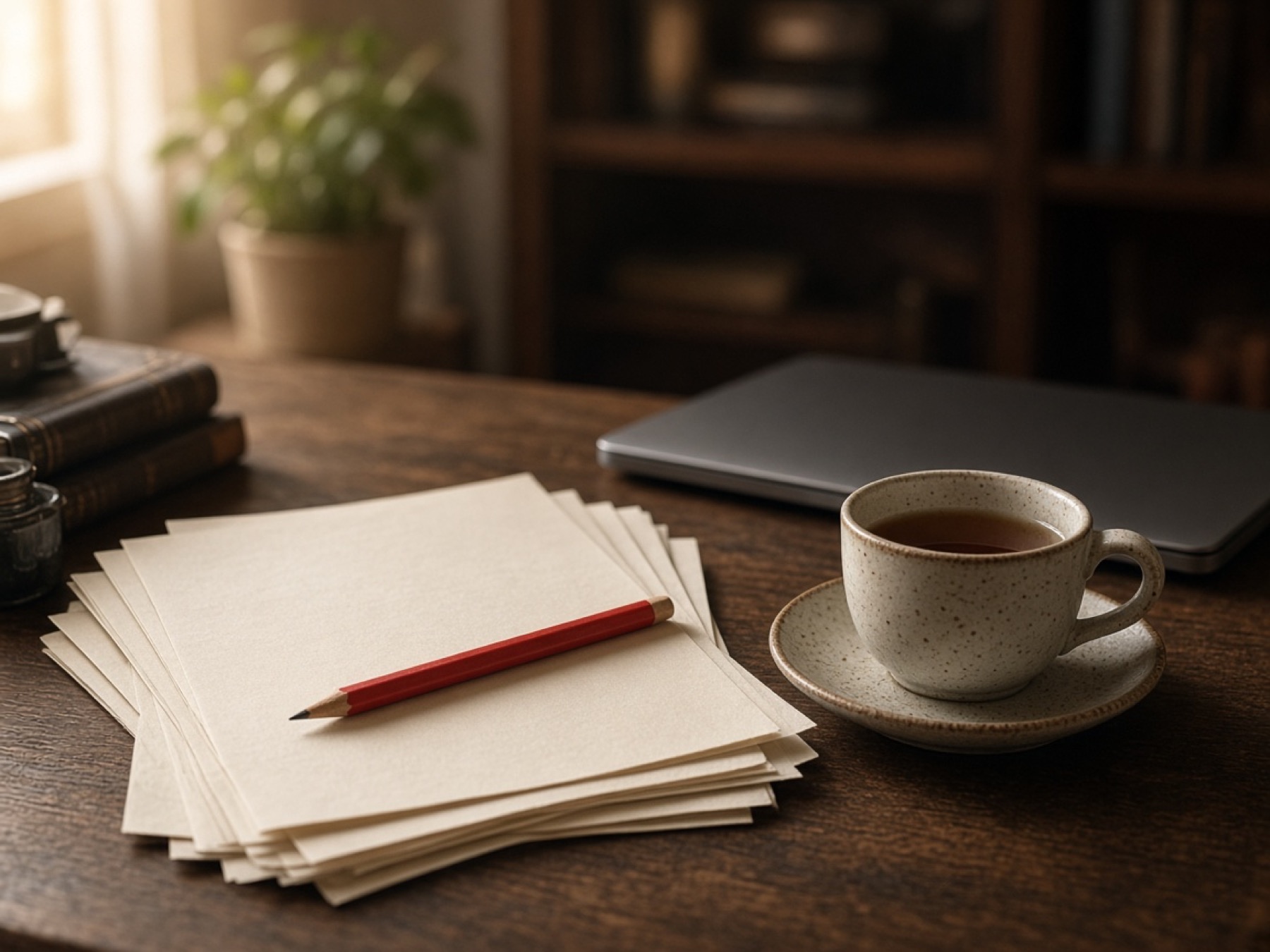 A quiet desk in morning light, with blank paper, a red pencil, and a cup of tea.