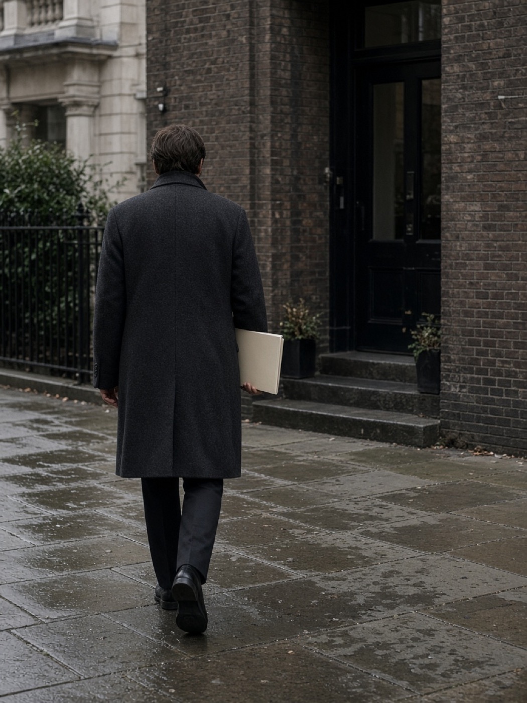 Someone walking away from the camera towards a dark door in a brick building, holding a folder.