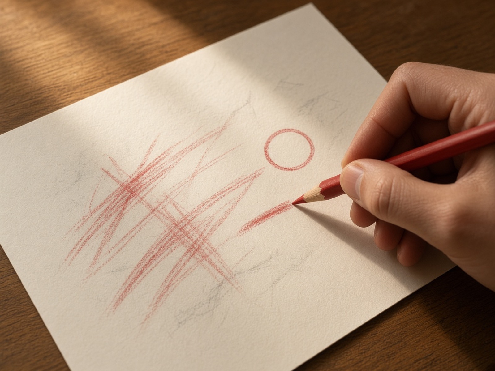 A red pencil marking a cream page. No words are readable.